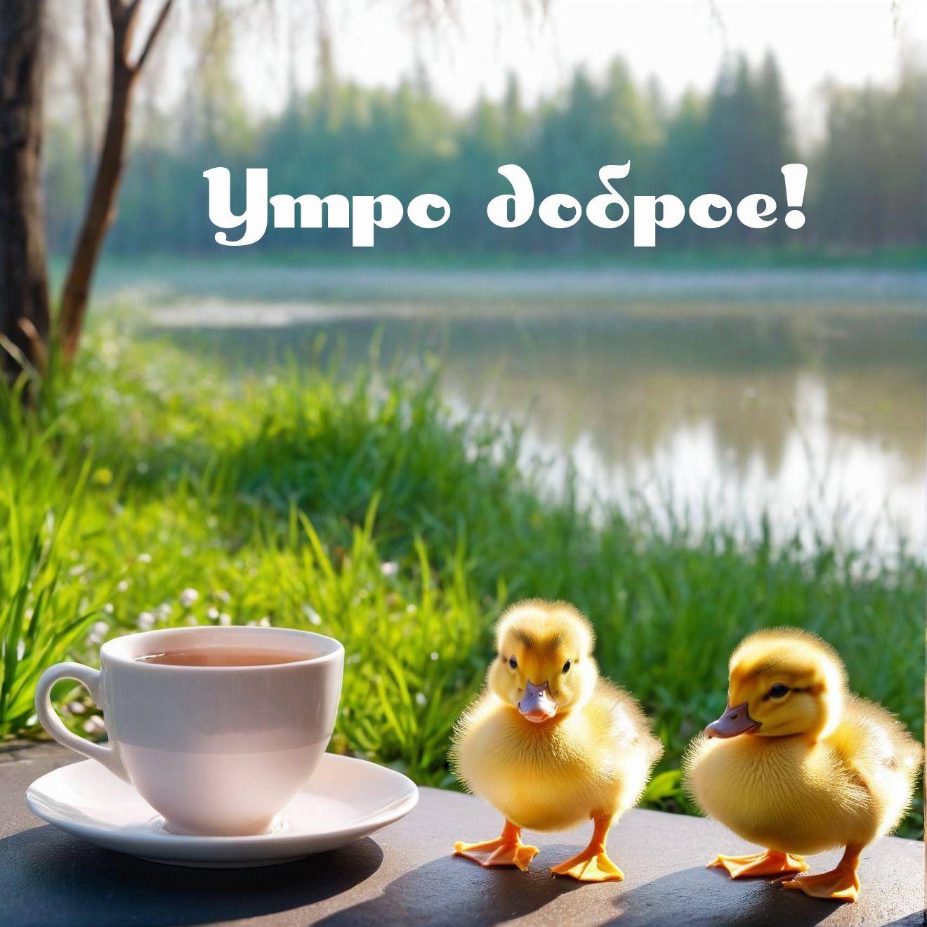Утро, два утёнка у чашки чая на лугу
