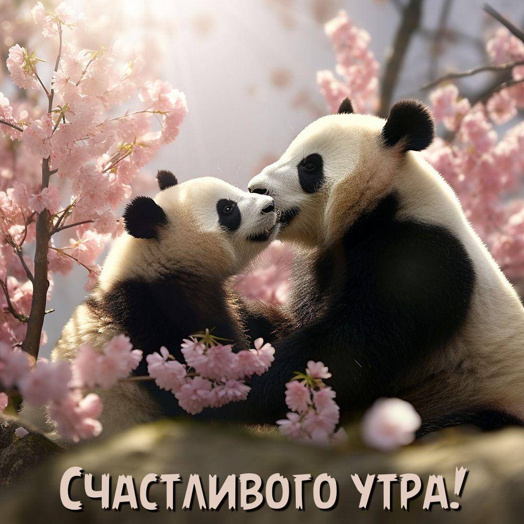 Утро, две панды среди цветущих веток сакуры
