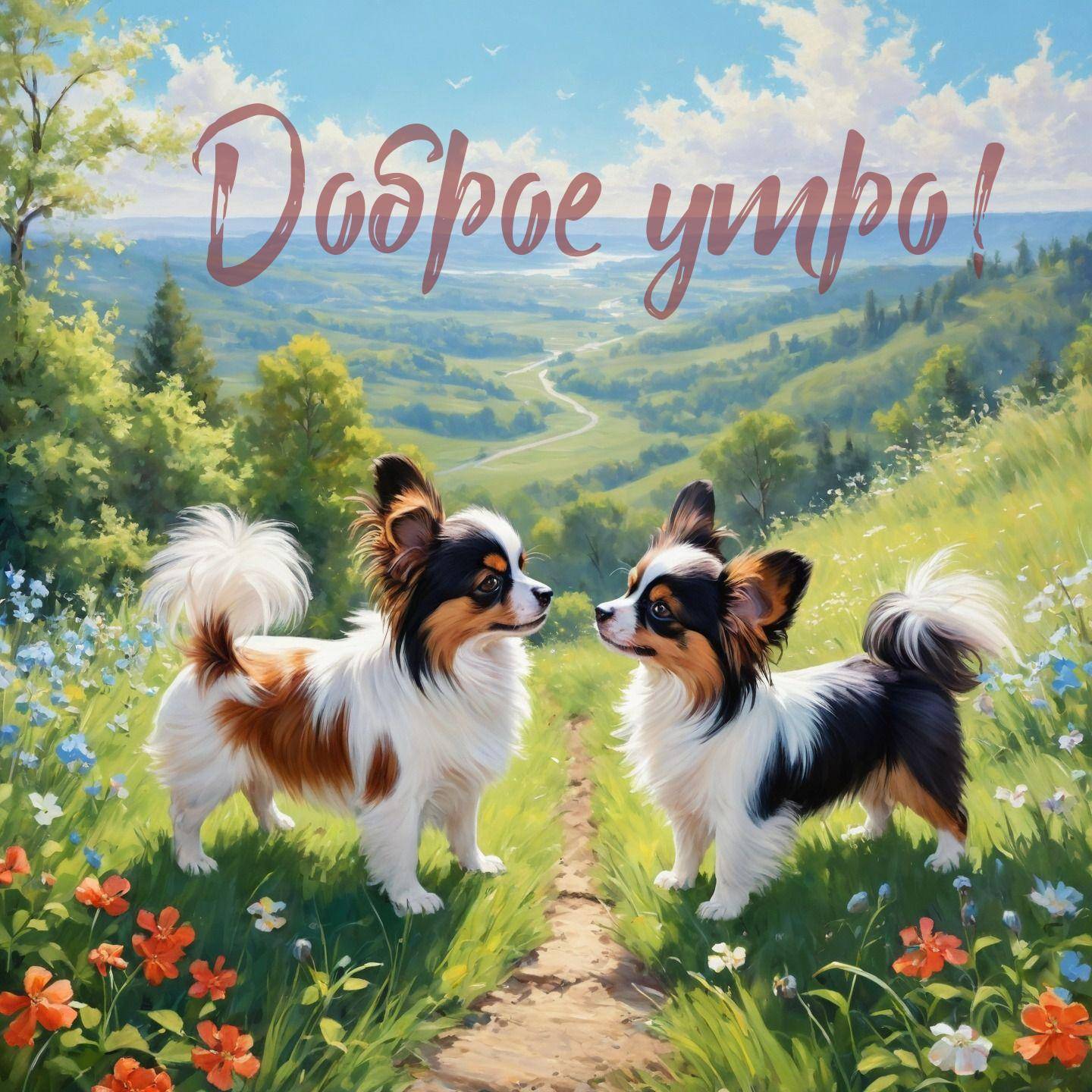 Утро, две пушистые собаки на тропинке среди травы и цветов