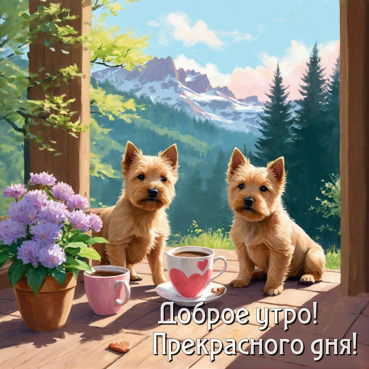 Утро, две собаки на веранде с напитками