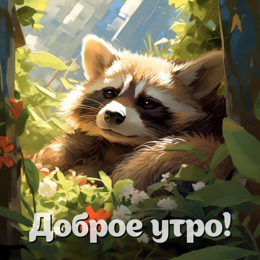 Утро, енот среди листвы и цветов, тёплая атмосфера