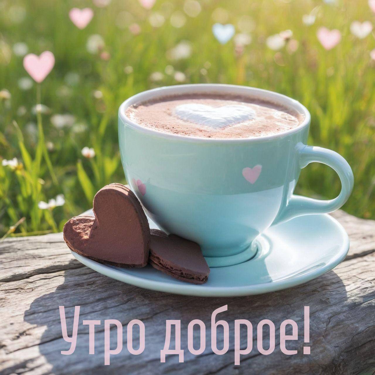 Утро, голубая чашка кофе с сердечком на пенке и печеньем на фоне поля