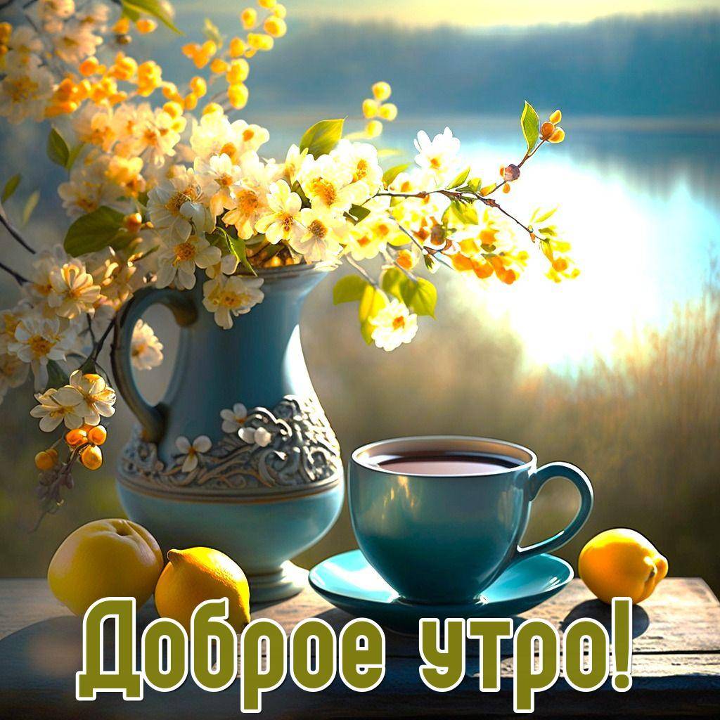 Утро, голубая кружка с напитком, лимоны и ваза с цветами
