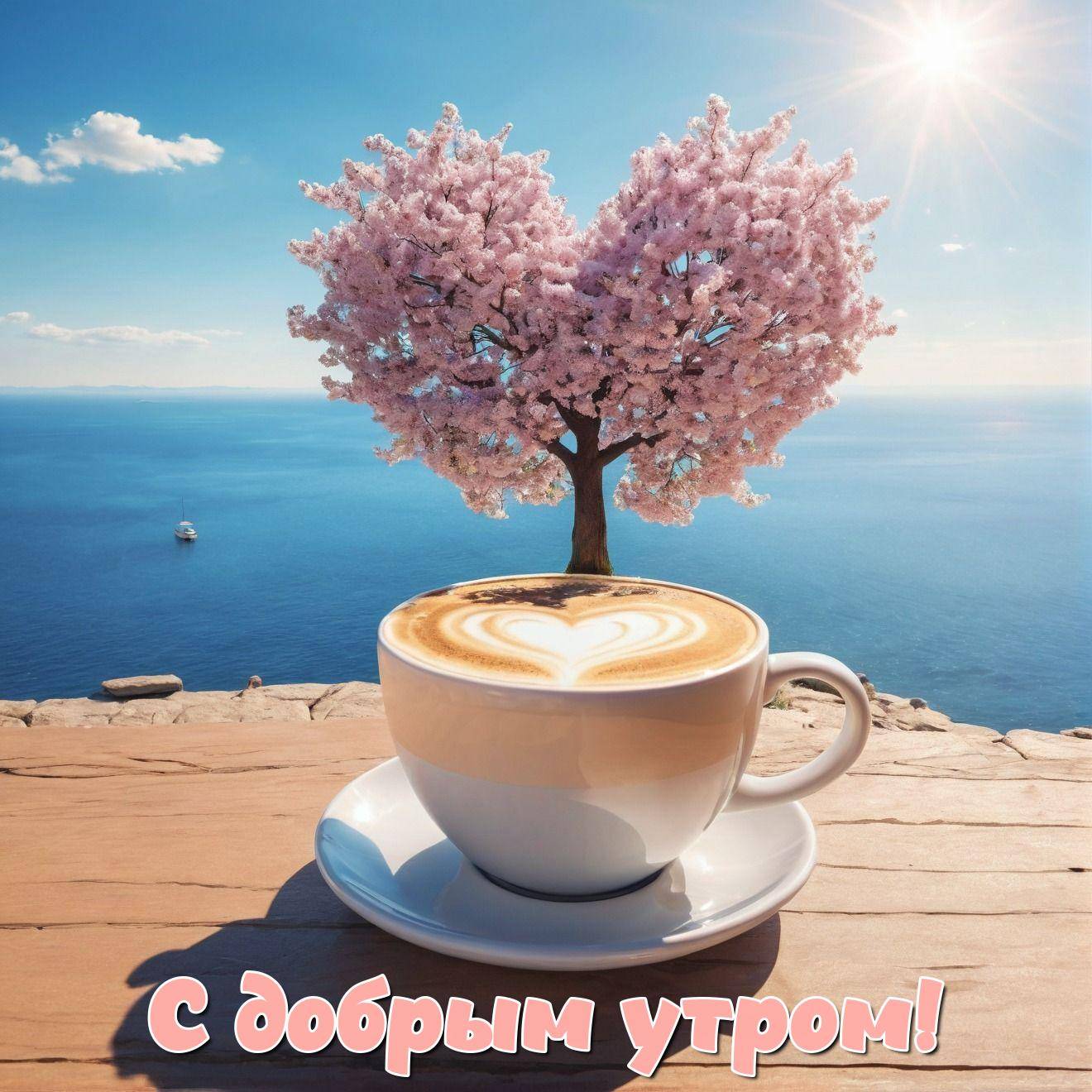 Утро, капучино с сердцем у моря и дерева