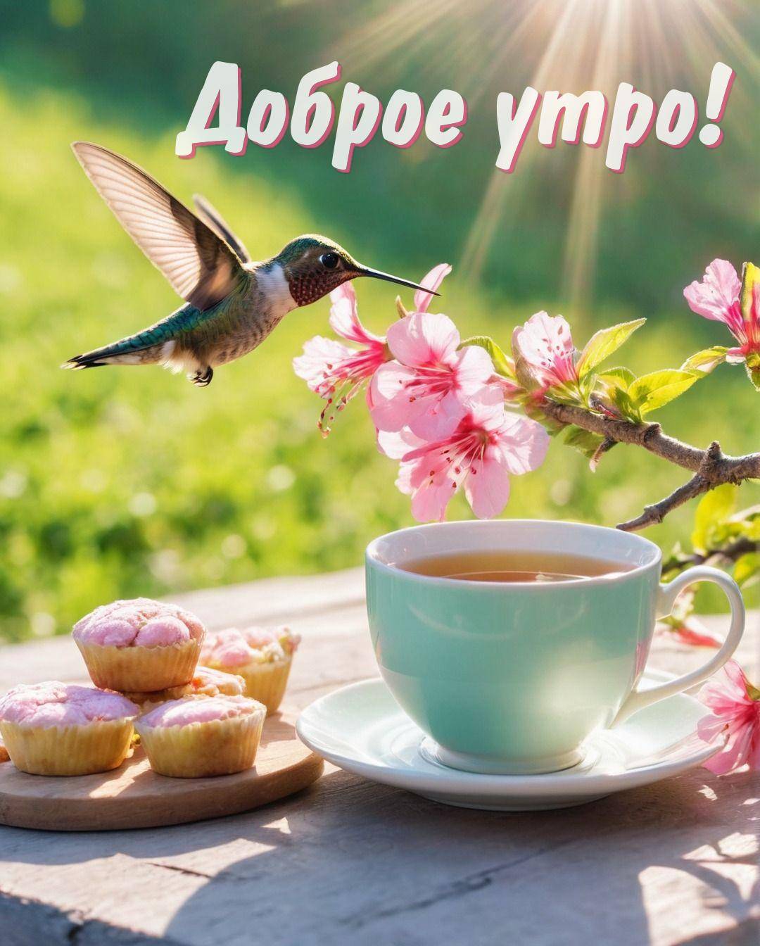 Утро, колибри рядом с цветами, чай и кексы на столе