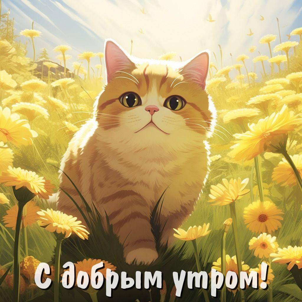 Утро, кот среди цветущих жёлтых одуванчиков на солнечной поляне