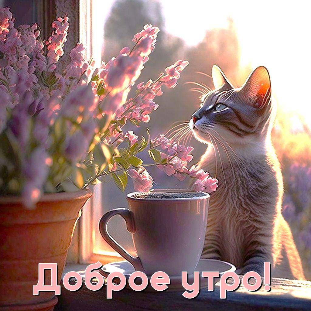 Утро, кот у окна с чашкой кофе