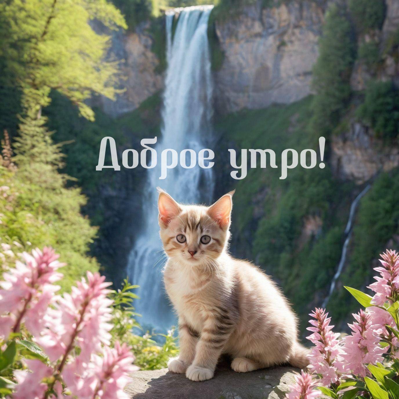 Утро, котёнок на камне у водопада с розовыми цветами