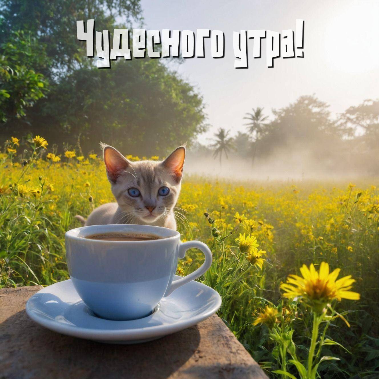 Утро, котёнок с голубыми глазами за белой чашкой на фоне поля