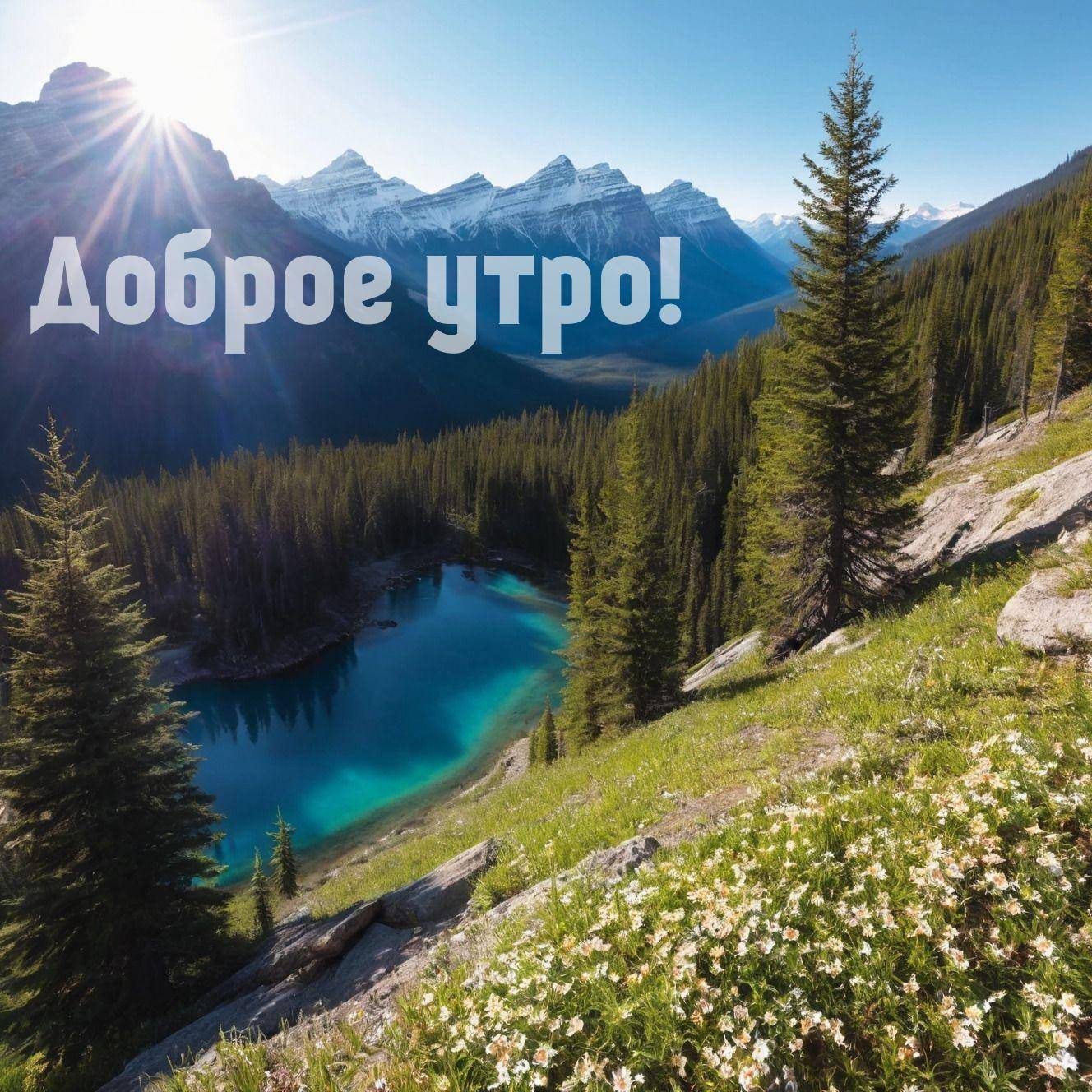 Утро, красивый пейзаж с горным озером, зелёной травой и хвойными деревьями
