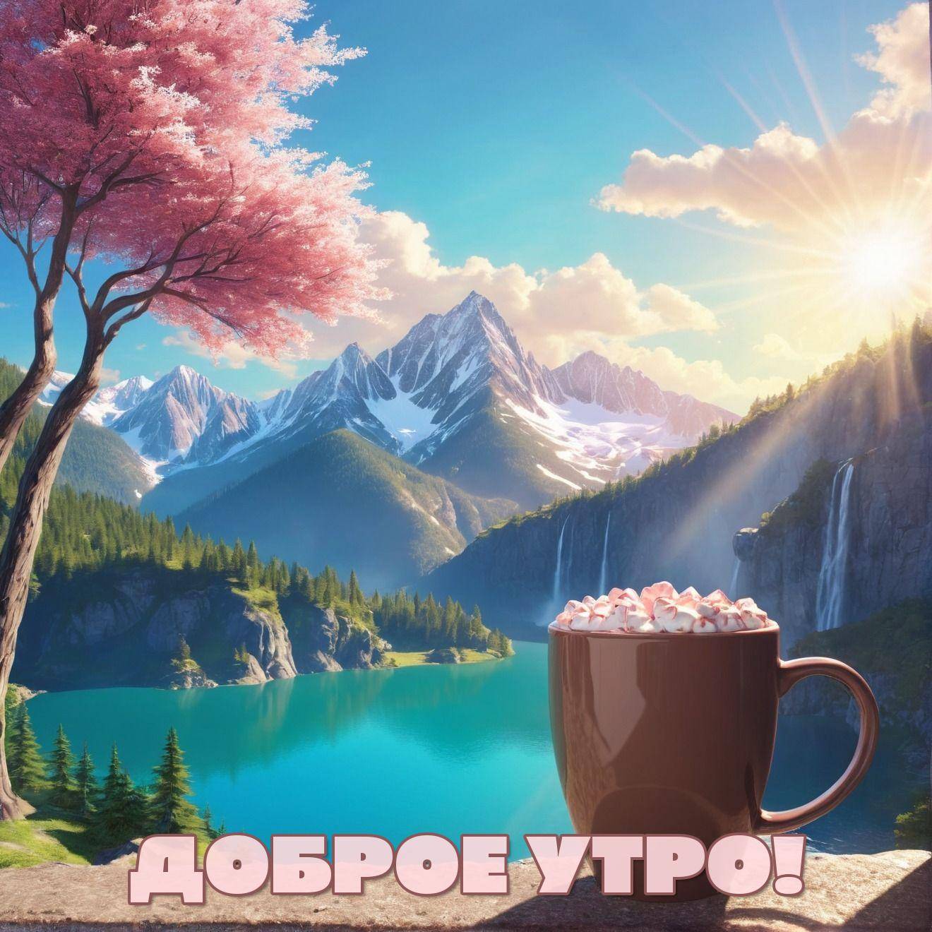 Утро, красивый пейзаж с озером, заснеженными вершинами и лесами
