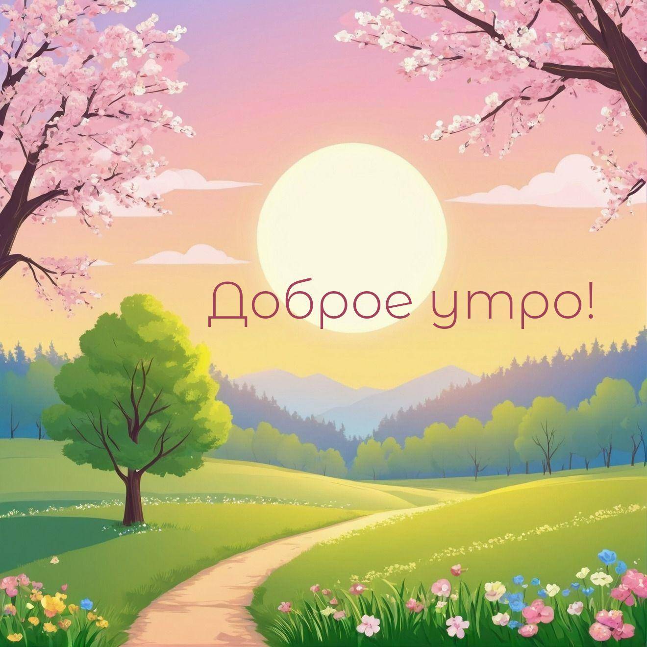 Утро, красивый пейзаж с солнцем, полем, тропинкой и цветами