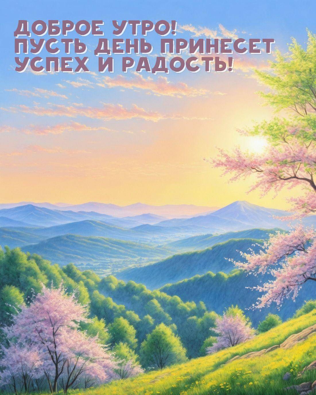 Утро, красивый пейзаж с цветущими деревьями и зелёными холмами