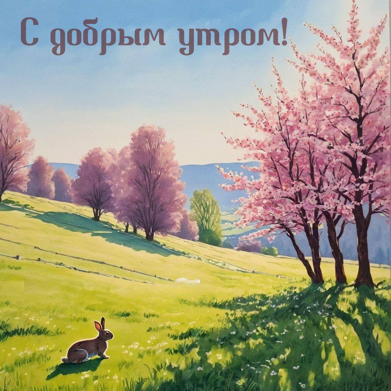 Утро, кролик на поляне с деревьями в цвету