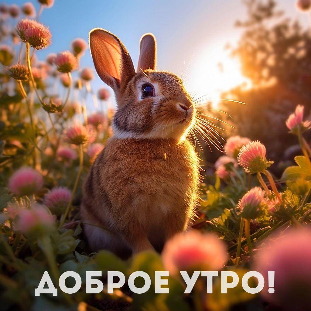Утро, кролик окруженный цветами на закате