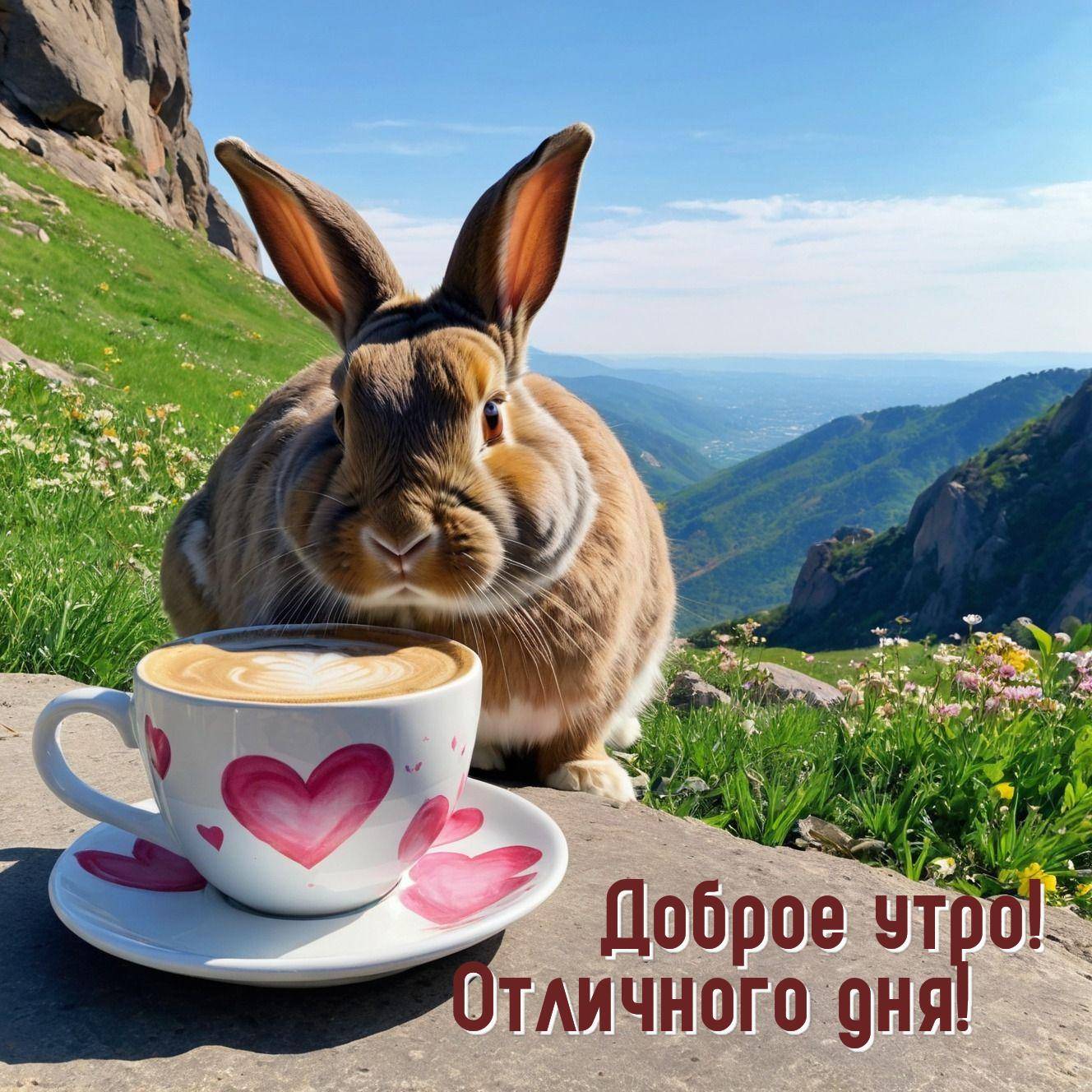 Утро, кролик с чашкой кофе на фоне гор