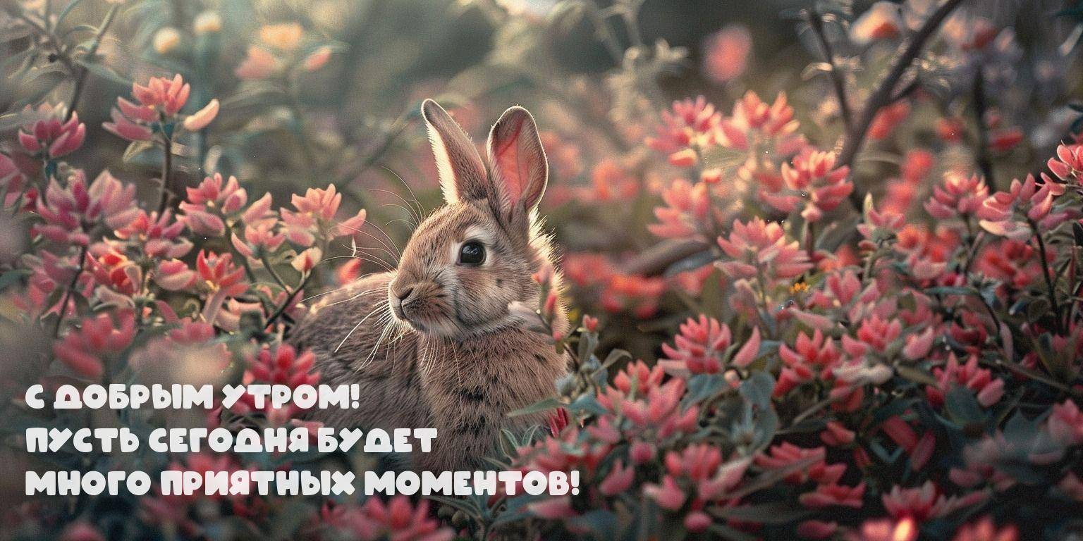 Утро, кролик среди зелёных кустов с розовыми цветами