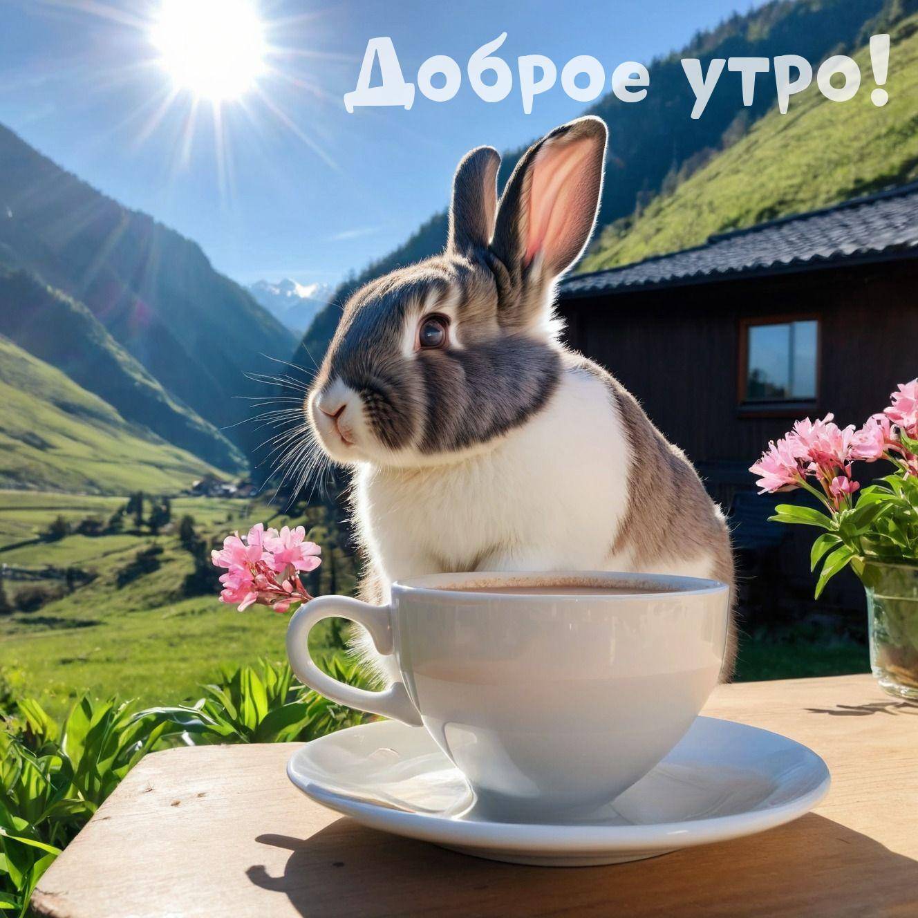 Утро, кролик в белой чашке, горы на фоне