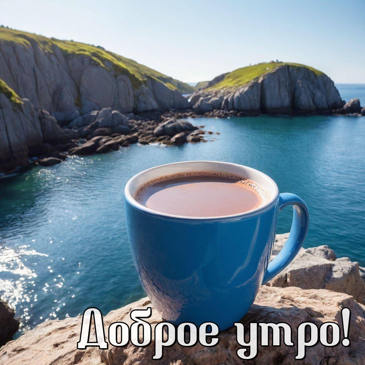 Утро, кружка с горячим напитком на фоне морского пейзажа