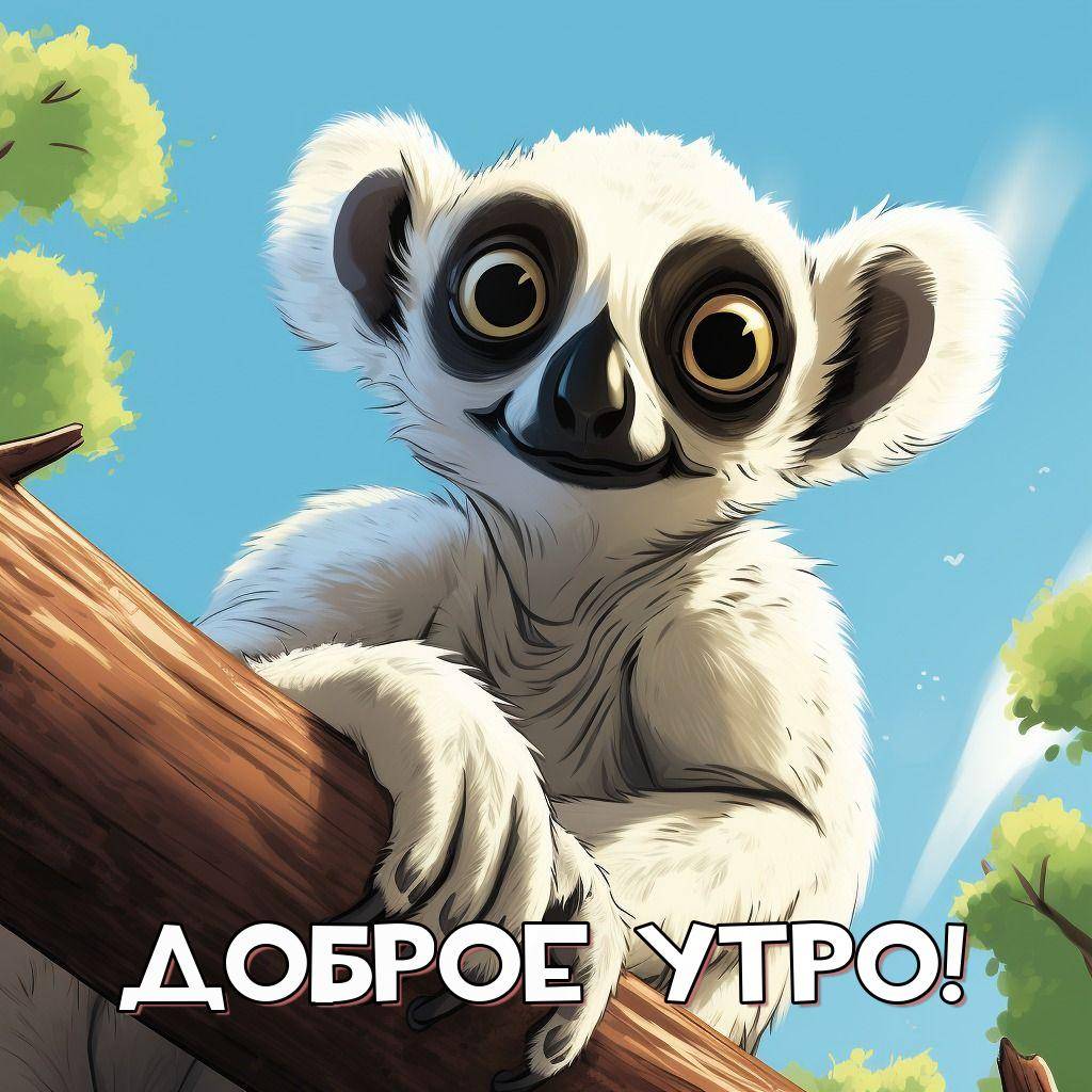 Утро, лемур на ветке дерева с зелёными листьями