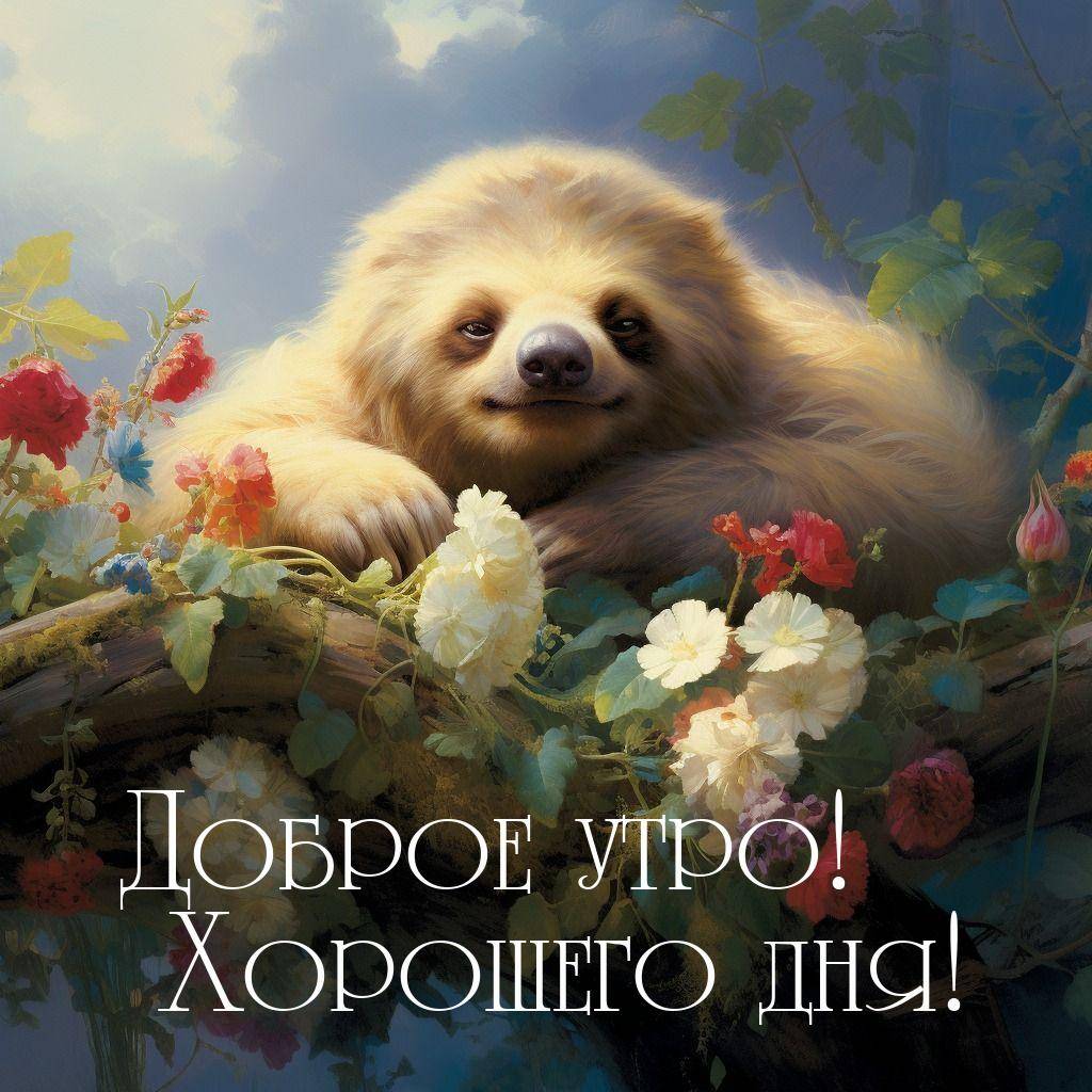 Утро, ленивец на ветке с цветами, светлый фон