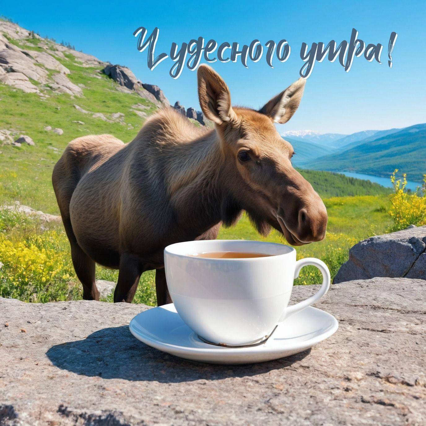 Утро, лось с белой чашкой на фоне зелёных холмов