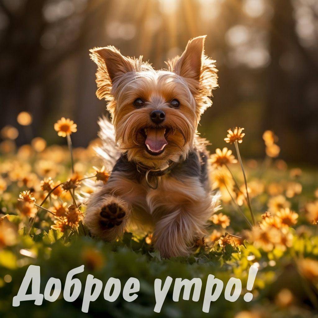 Утро, маленькая собака, йоркширский терьер, бежит через поле с цветами