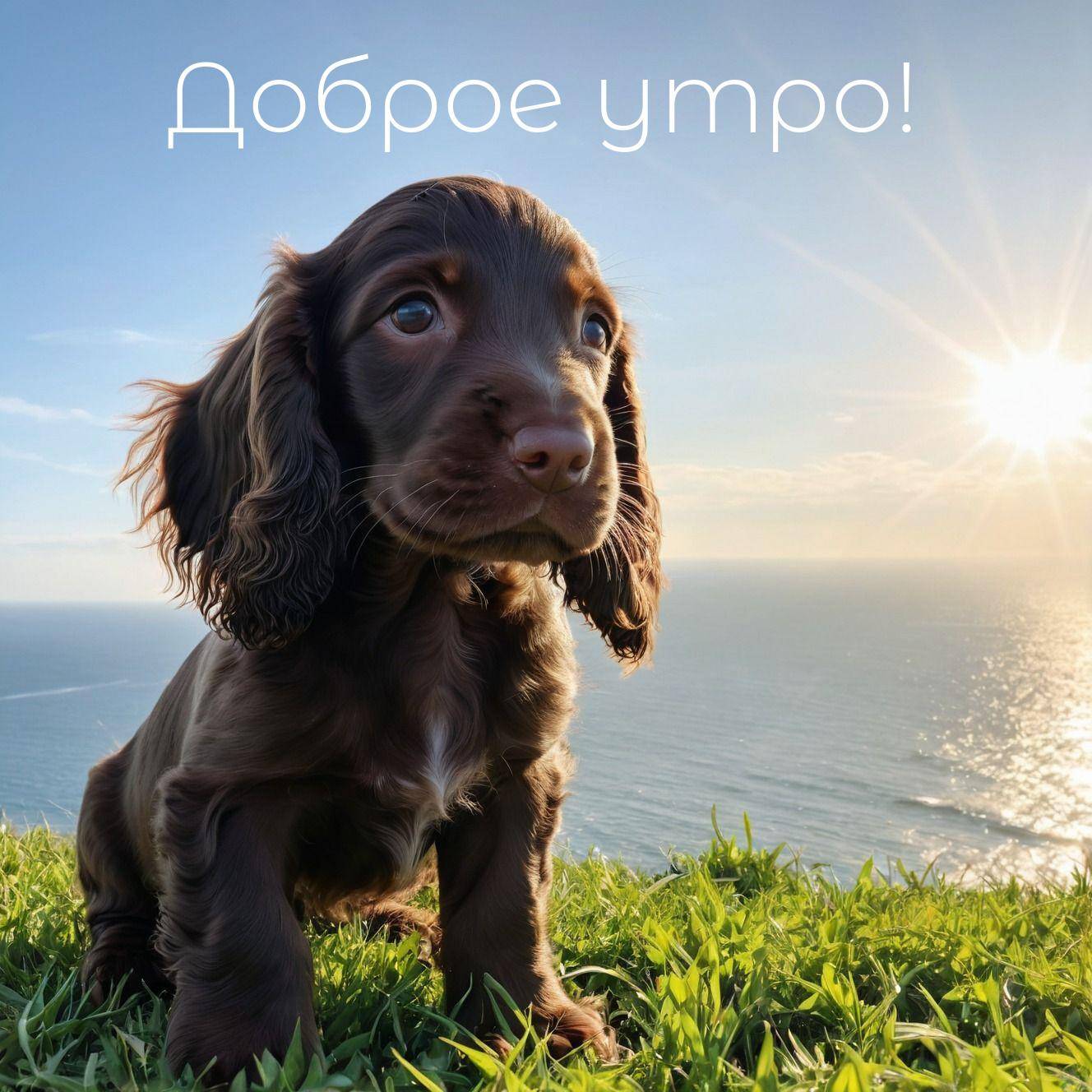Утро, маленький коричневый щенок с длинными ушами на траве