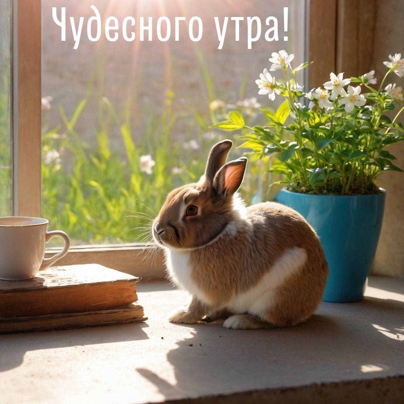 Утро, маленький кролик на подоконнике с книгами и цветами