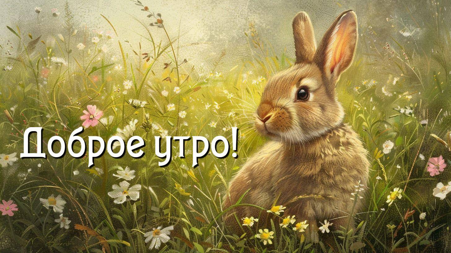 Утро, маленький кролик в поле с цветами