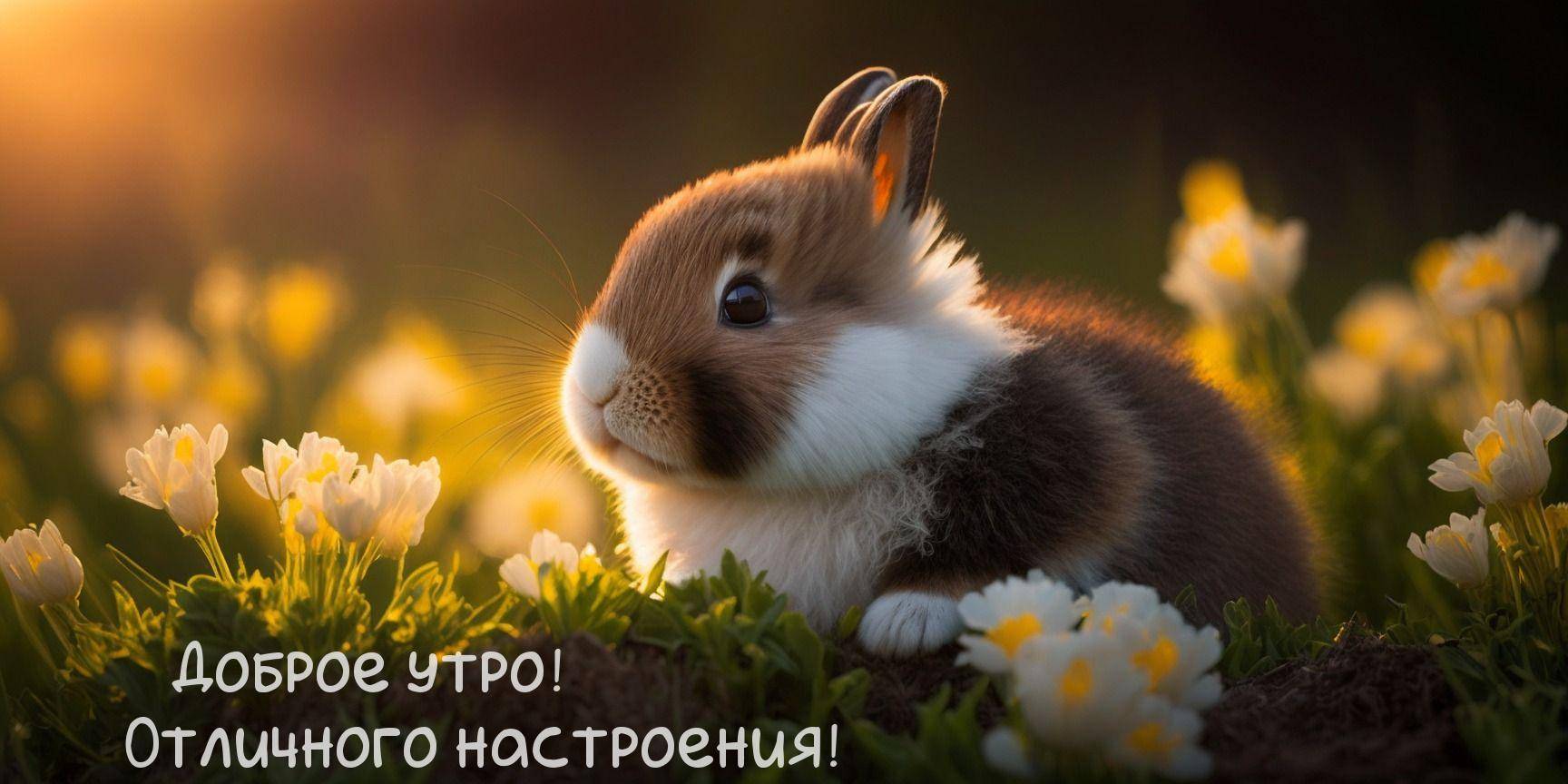 Утро, маленький пушистый кролик среди цветущих цветов