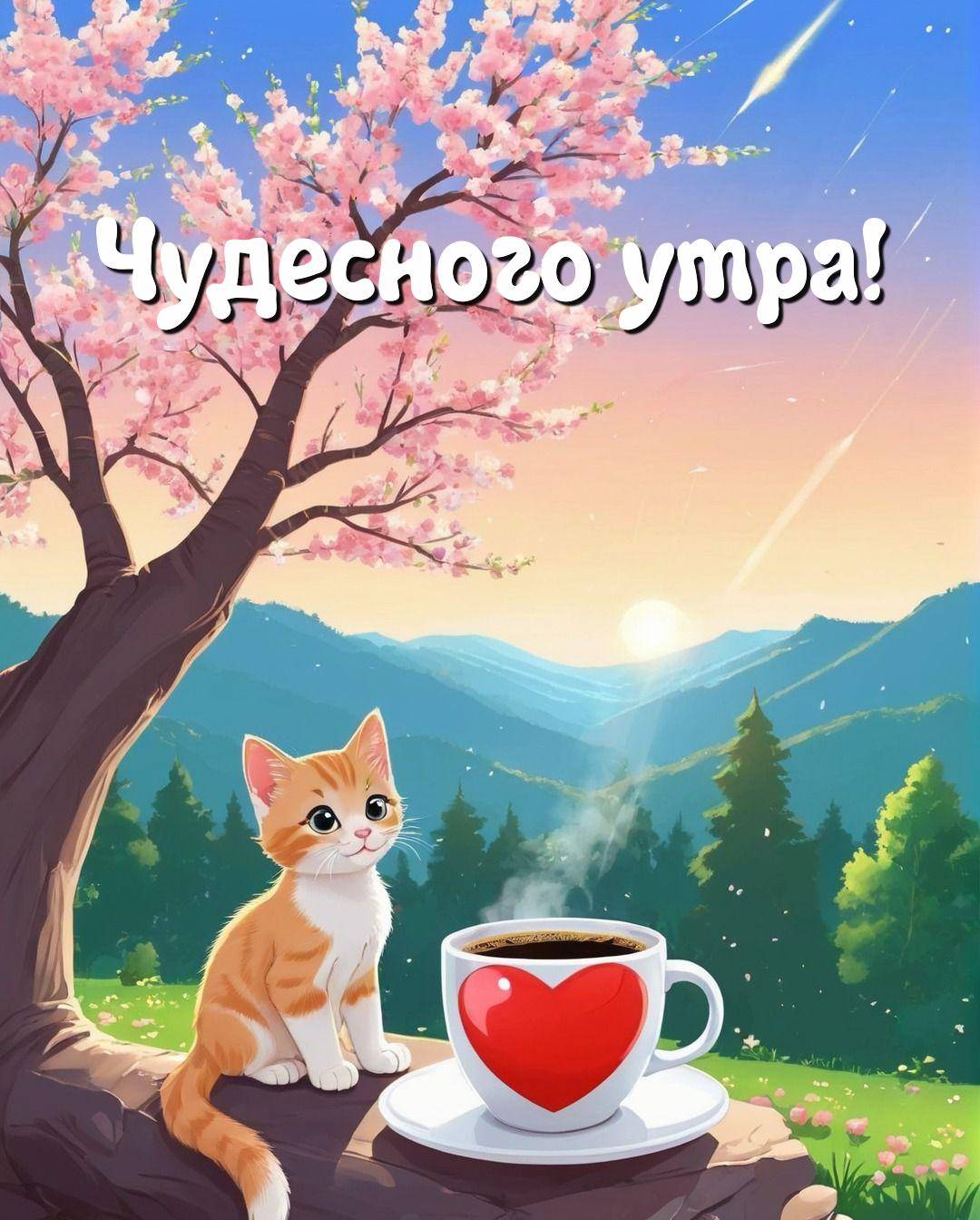 Утро, милый рыжий котенок с чашкой с сердцем возле дерева