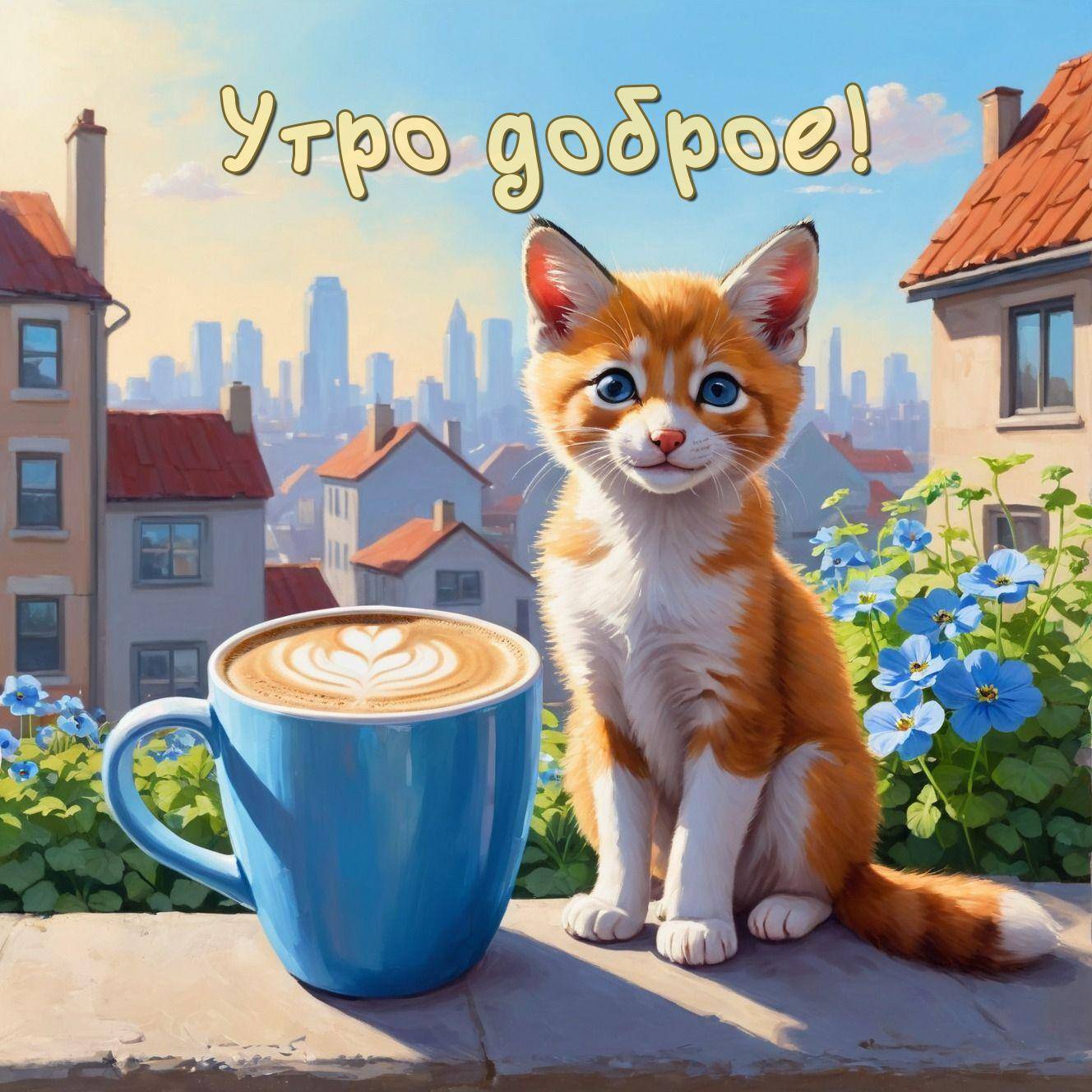 Утро, милый рыжий котёнок с чашкой капучино на балконе
