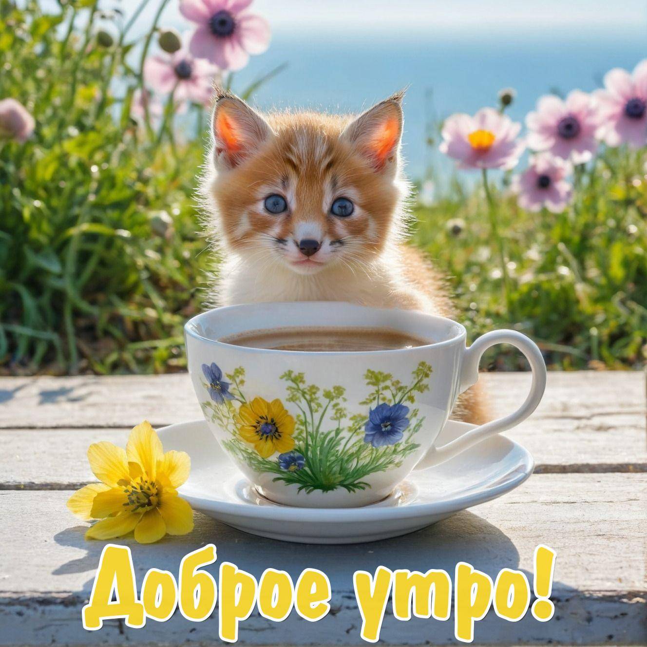Утро, милый рыжий лисенок на фоне зелени и цветов
