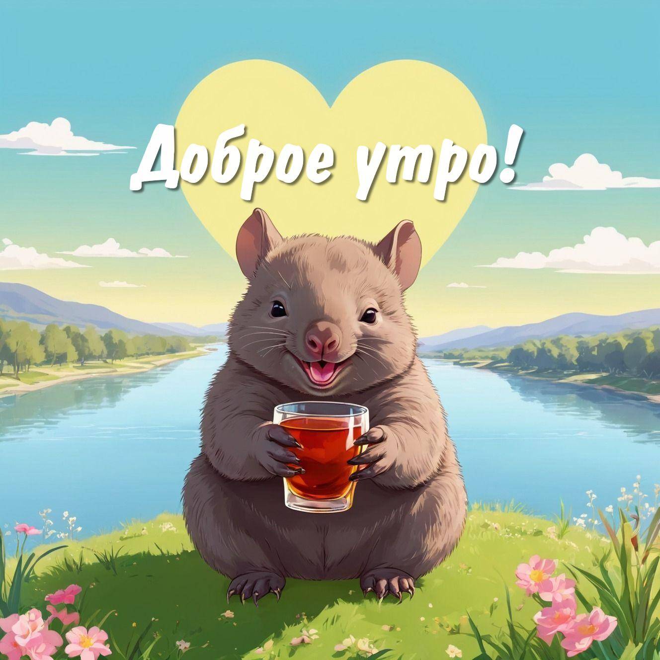 Утро, милое животное с напитком на фоне природы