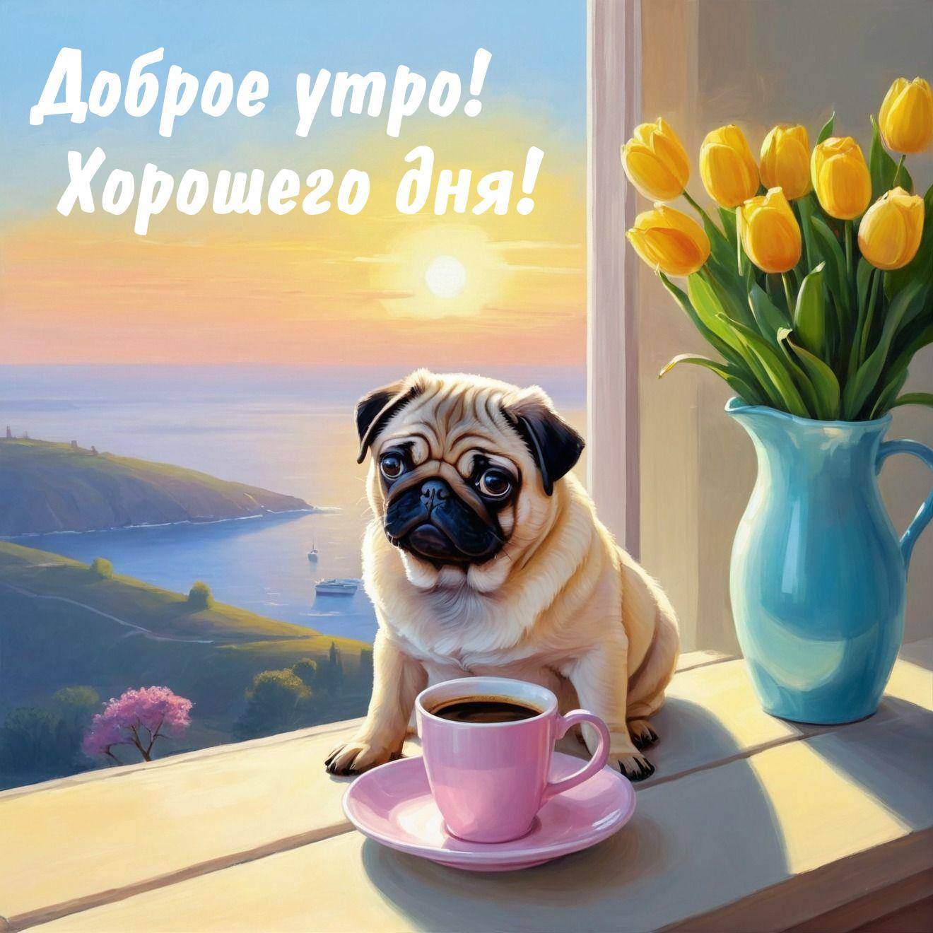 Утро, мопс на подоконнике с розовой чашкой и жёлтыми тюльпанами