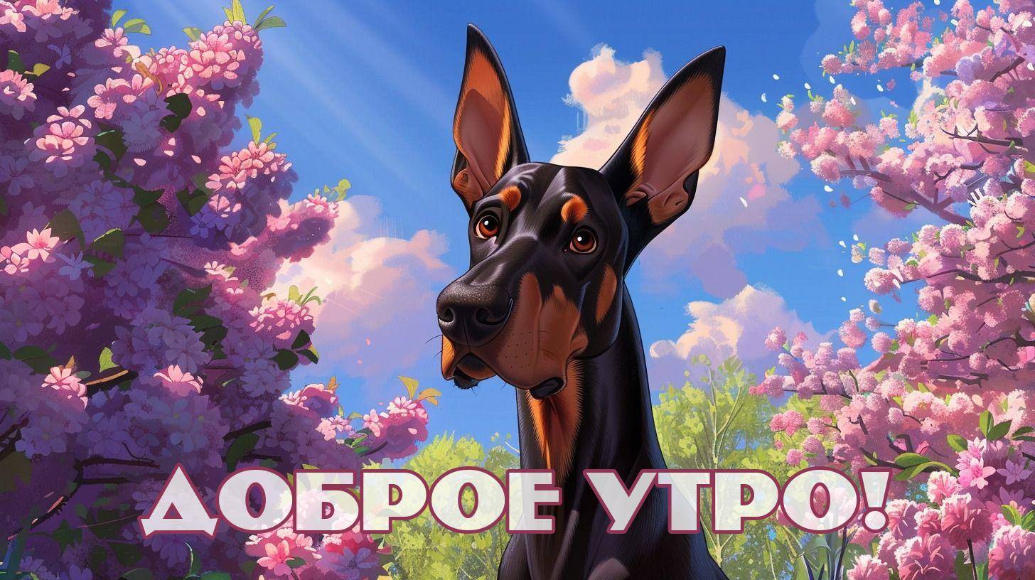 Утро, мультяшная собака с черной и коричневой шерстью, с большими ушами
