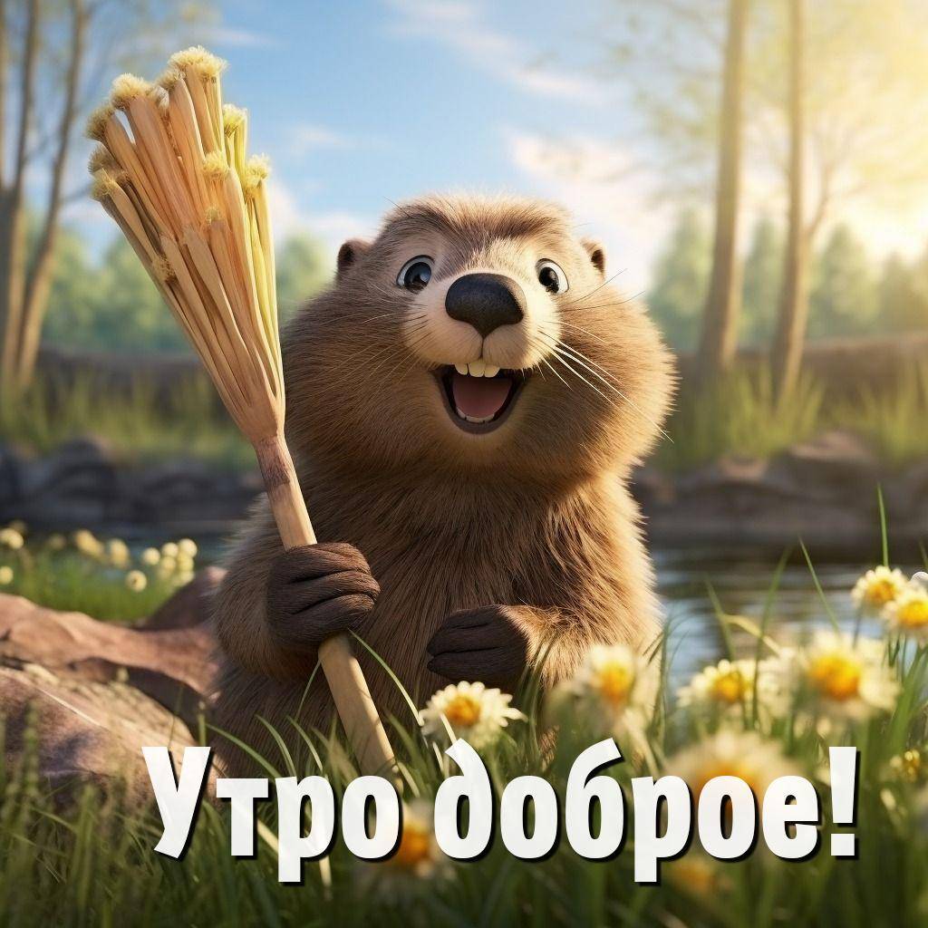 Утро, мультяшный бобр с улыбкой держит камыш на фоне природы