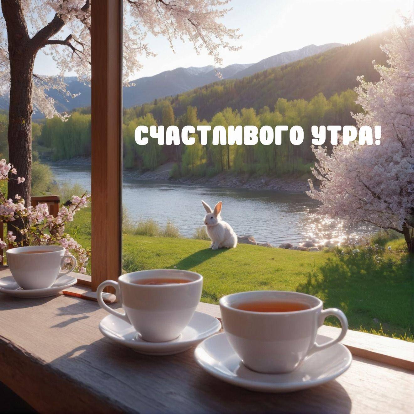 Утро, на берегу реки сидит белый кролик.