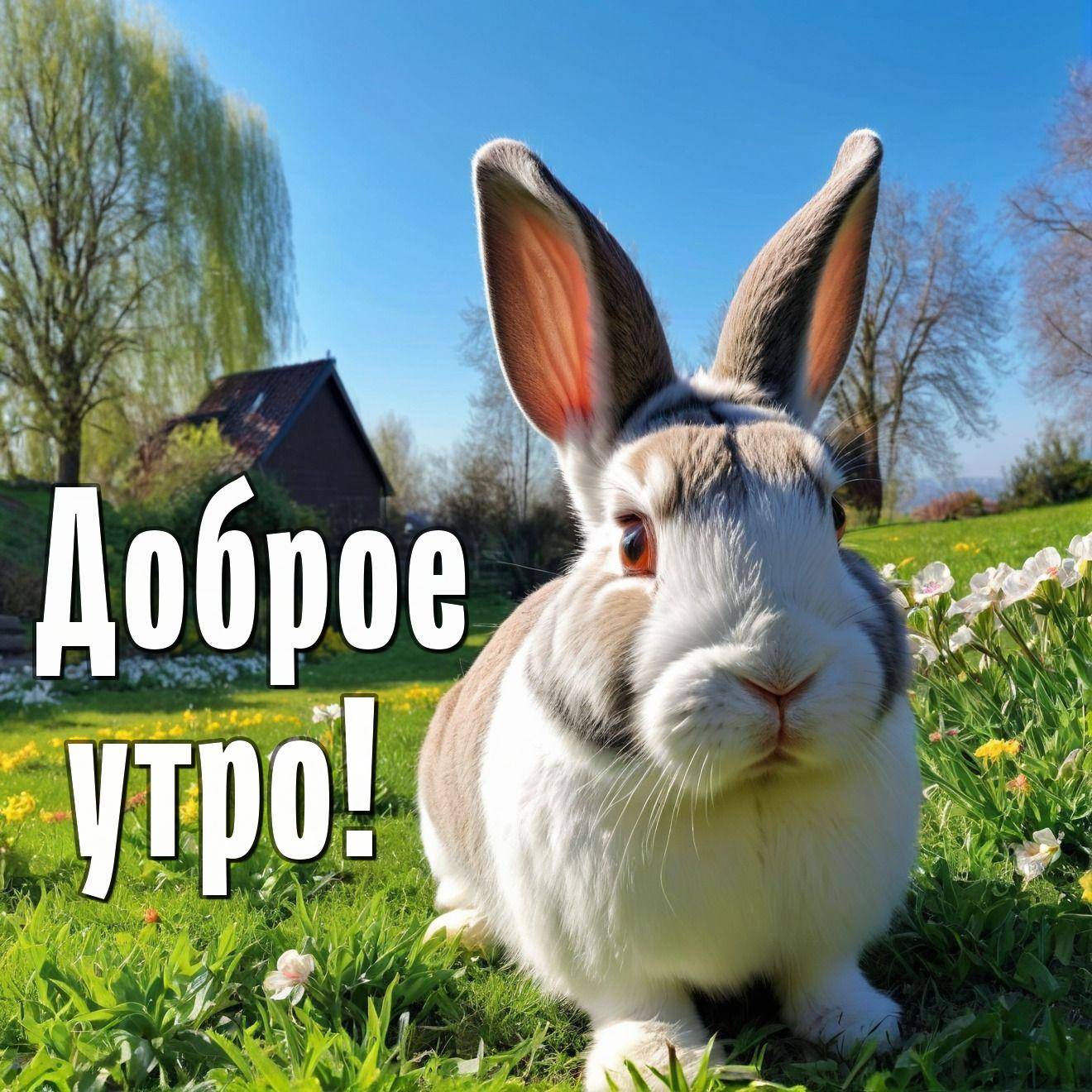 Утро, на изображении милый кролик на зелёной траве