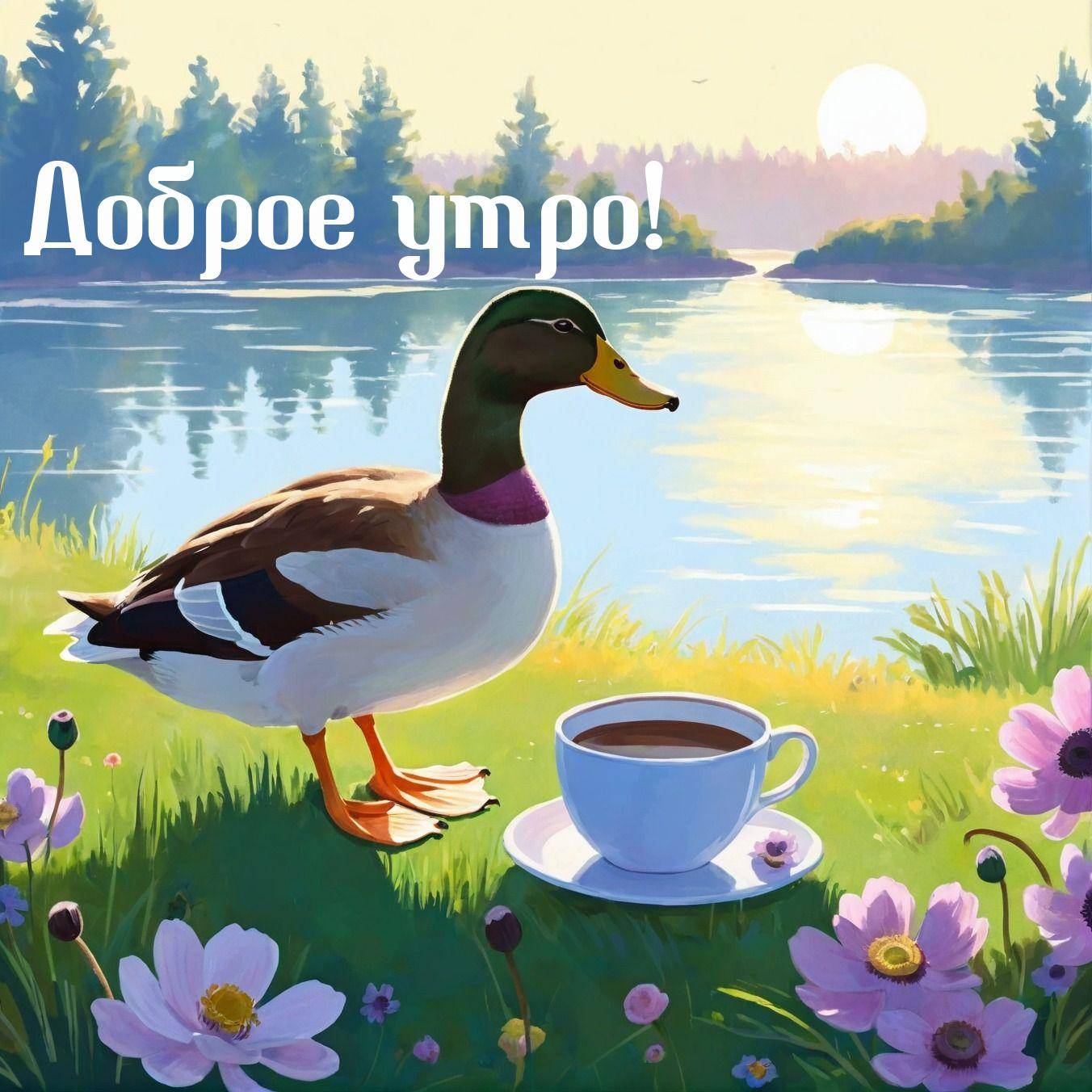 Утро, на траве утка рядом с чашкой, цветы и озеро