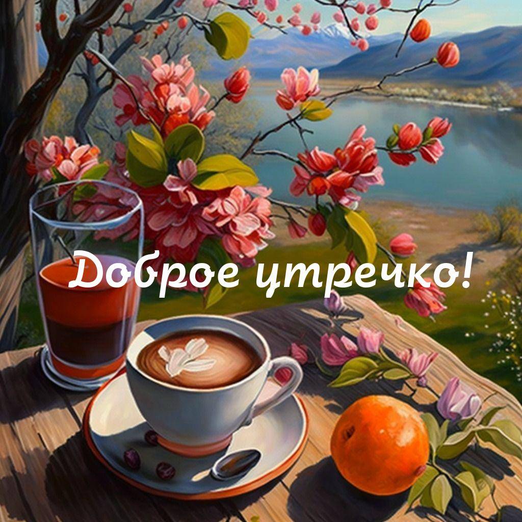 Утро, натюрморт с чашкой кофе и апельсином