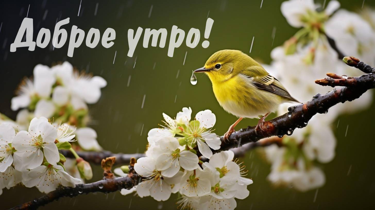 Утро, небольшая птица на цветущей ветке с дождевыми каплями