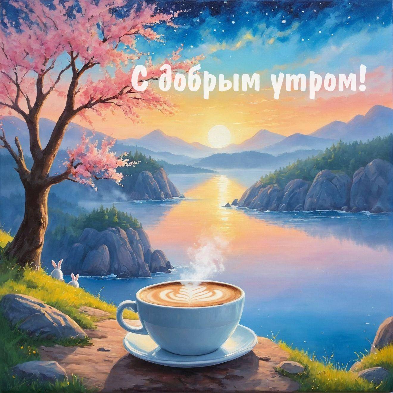 Утро, огромная чашка кофе на скале с видом на залив