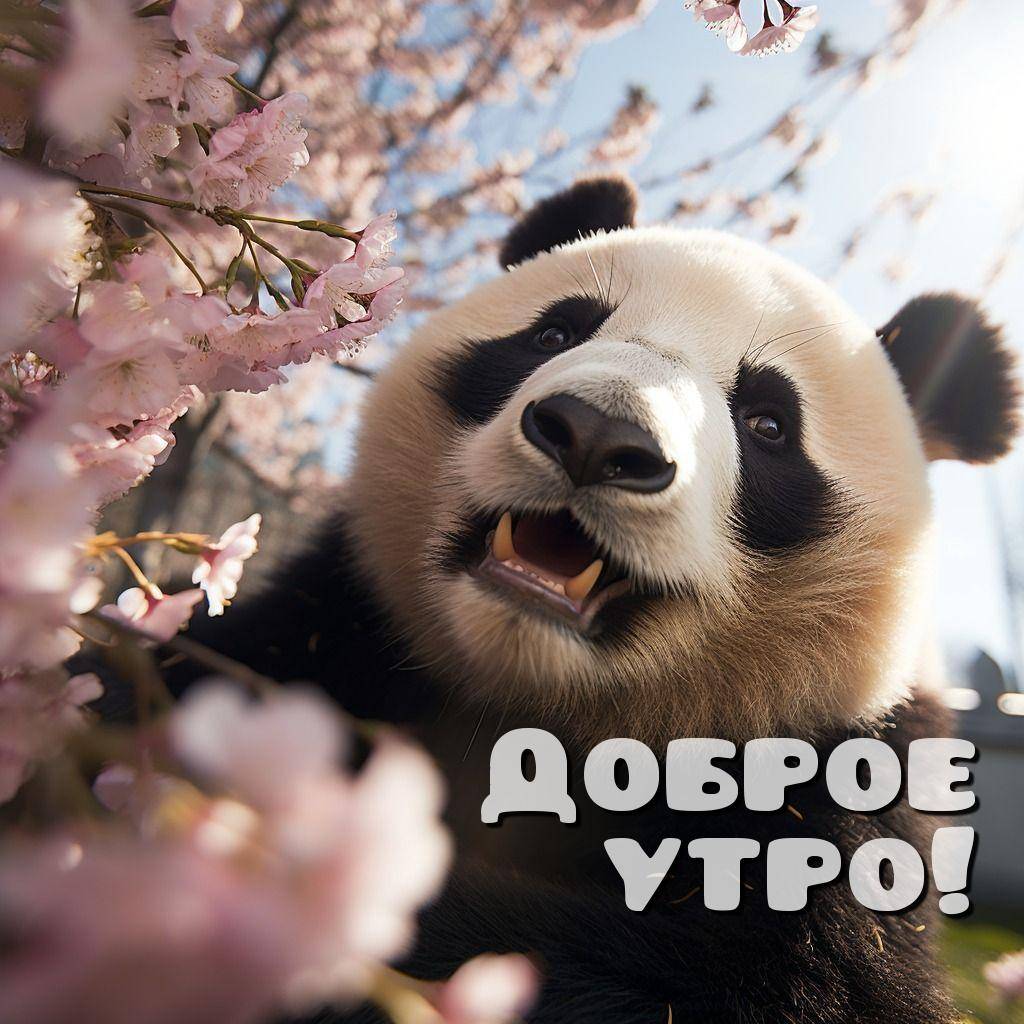 Утро, панда на фоне цветущих веток сакуры