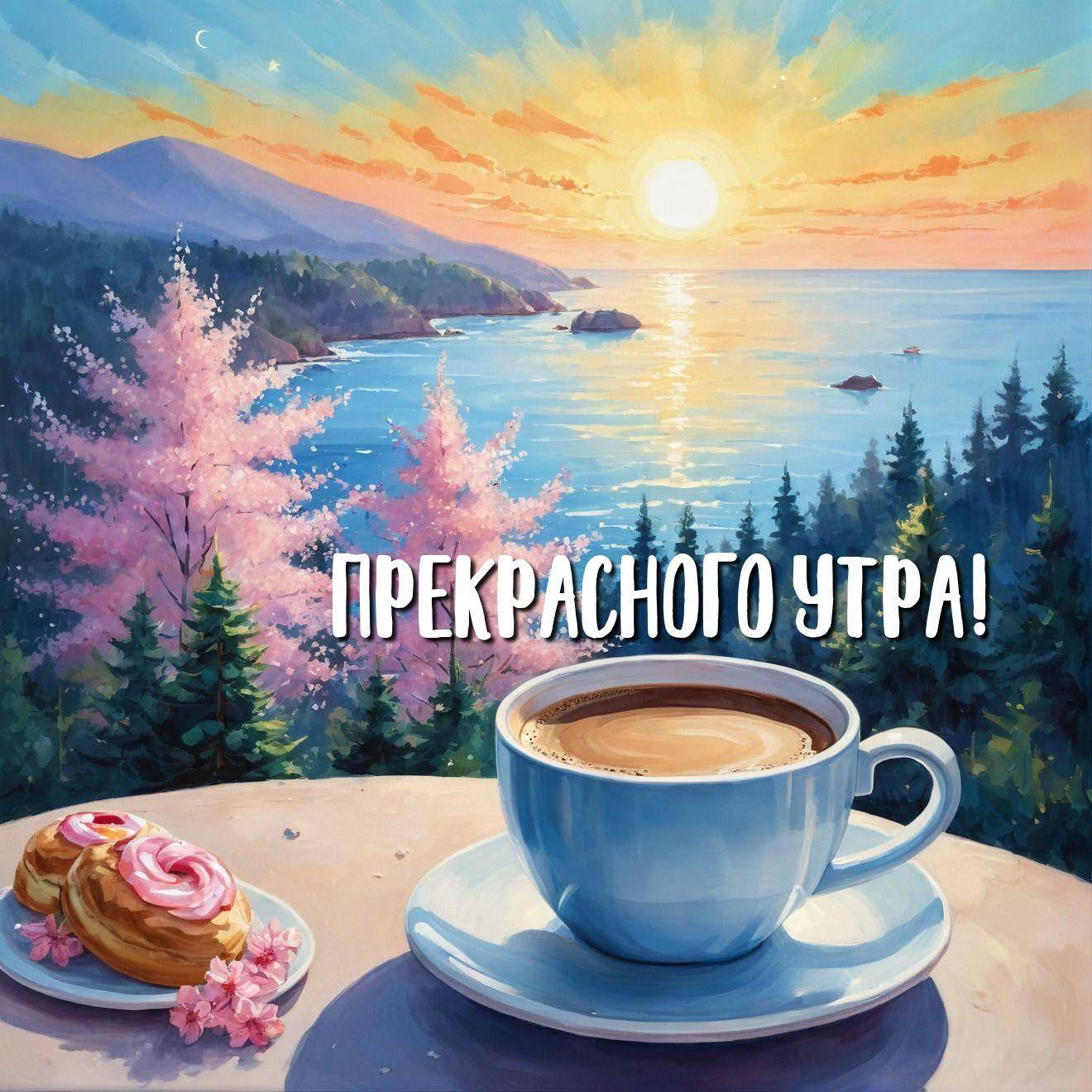 Утро, пейзаж с чашкой кофе на фоне моря и деревьев