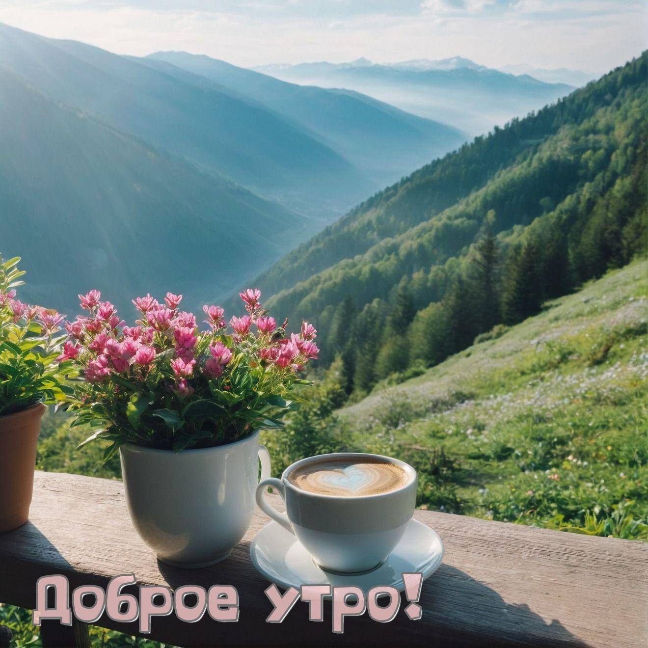 Утро, пейзаж с горами и чашкой кофе на периле