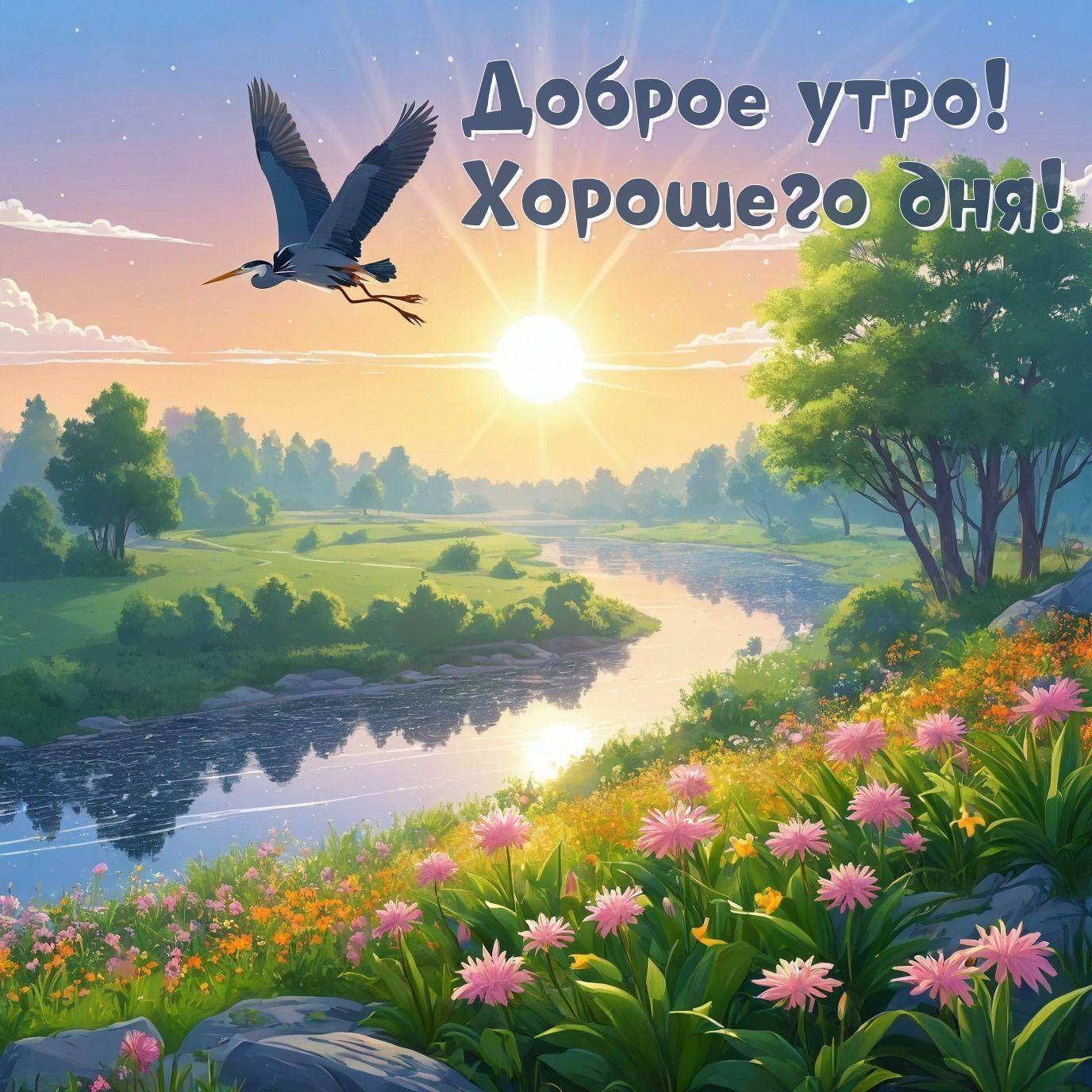 Утро, пейзаж с рекой, цветами и летящей цаплей