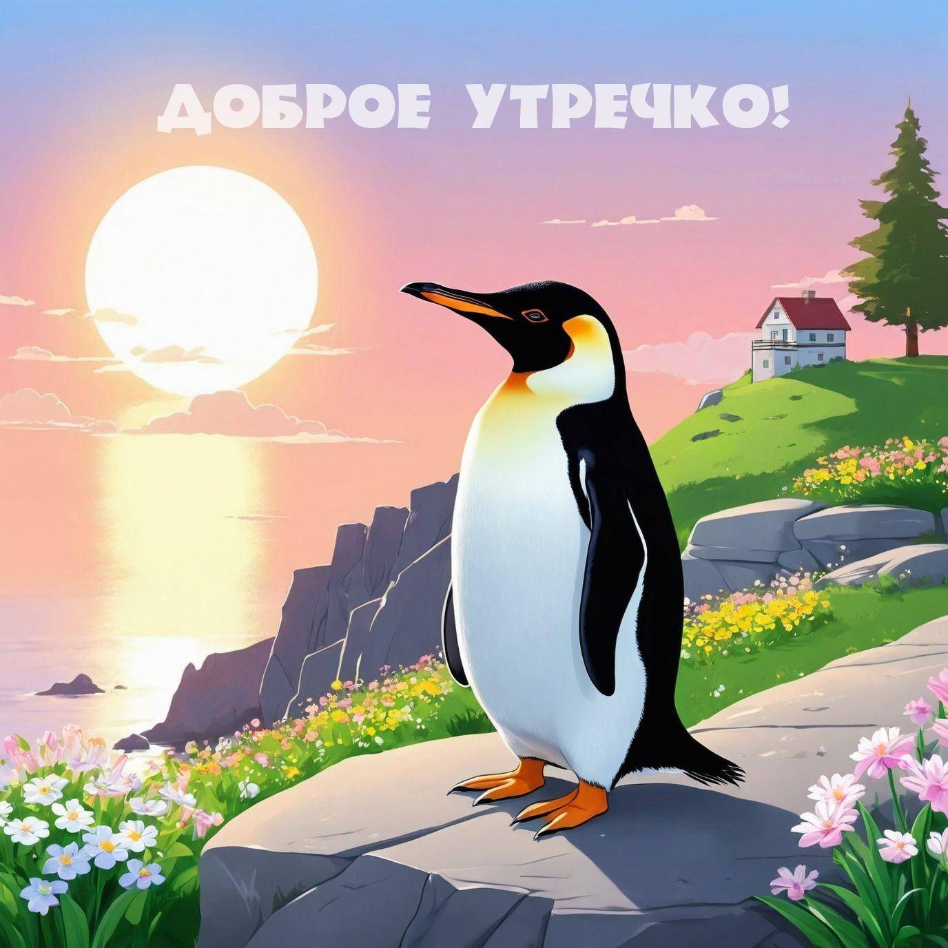 Утро, пингвин на скале, солнце, розовое небо, цветы