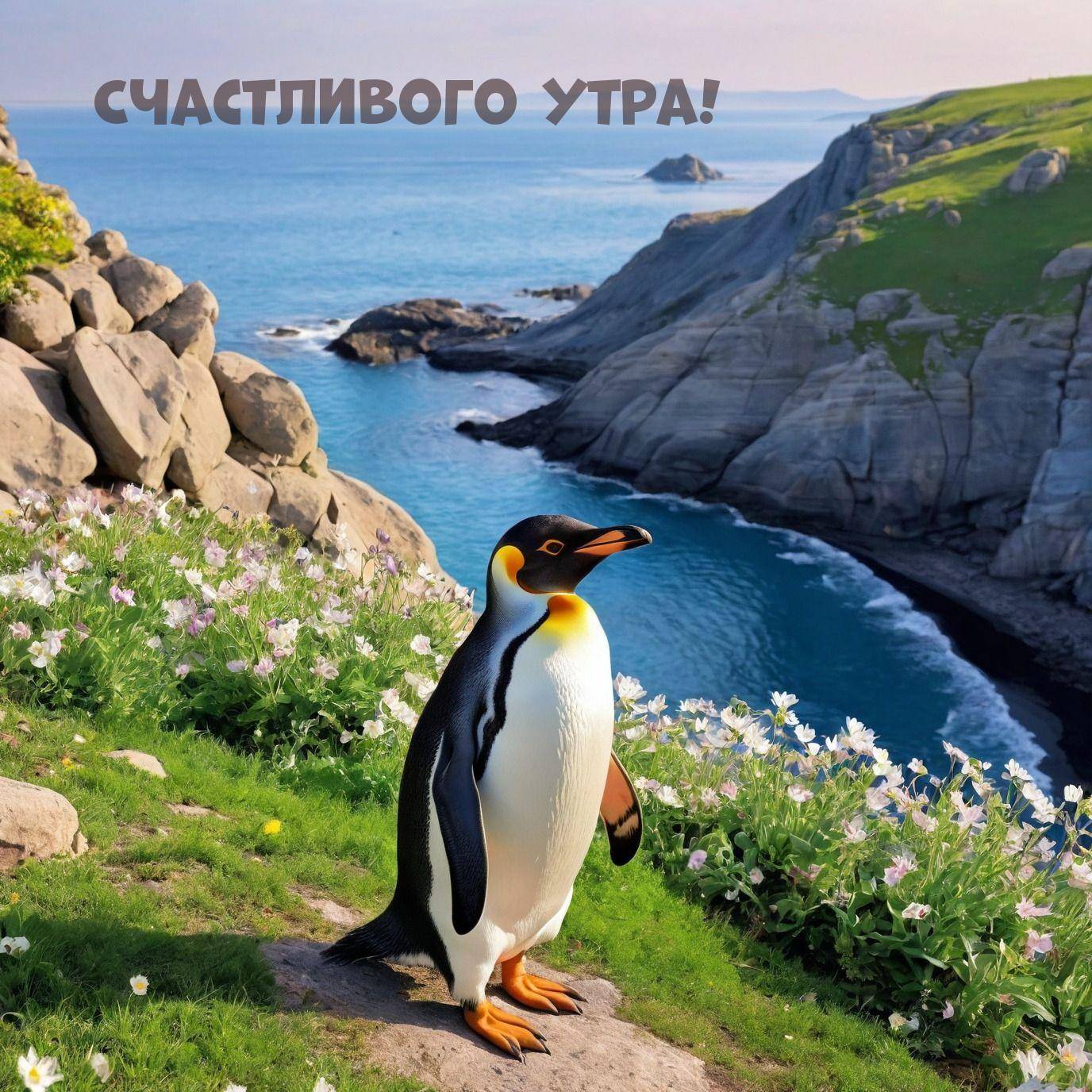 Утро, пингвин на склоне с цветами и морем